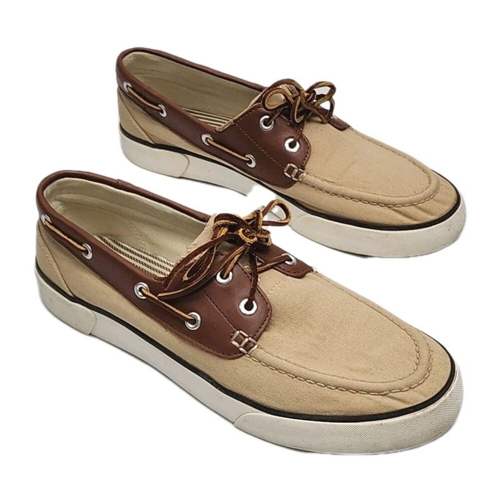 Polo Ralph Lauren Boat Shoes Men Sz 9.5 D Tan Brown Canvas Leather Rylander